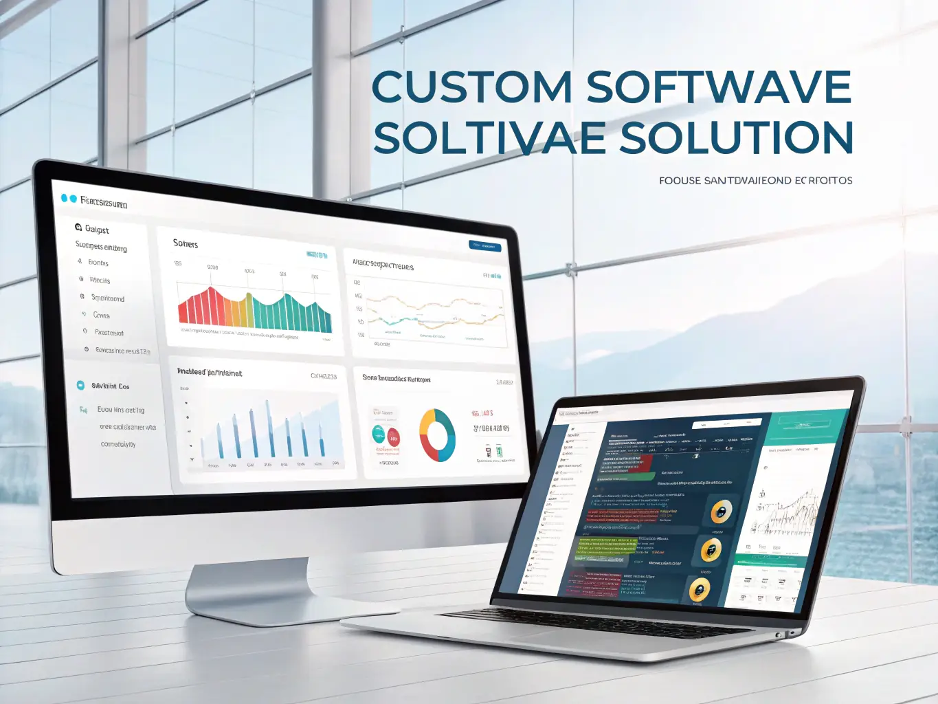 A sleek, modern interface showcasing custom software solutions developed by Zlabs, with lines of code elegantly displayed in the background.
